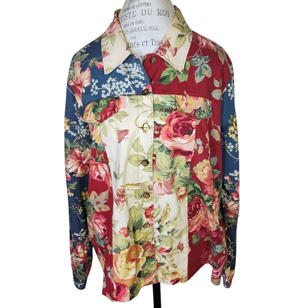 Coldwater Creek Floral Patchwork Shacket Button Shirt Jacket Womens 1X 90s